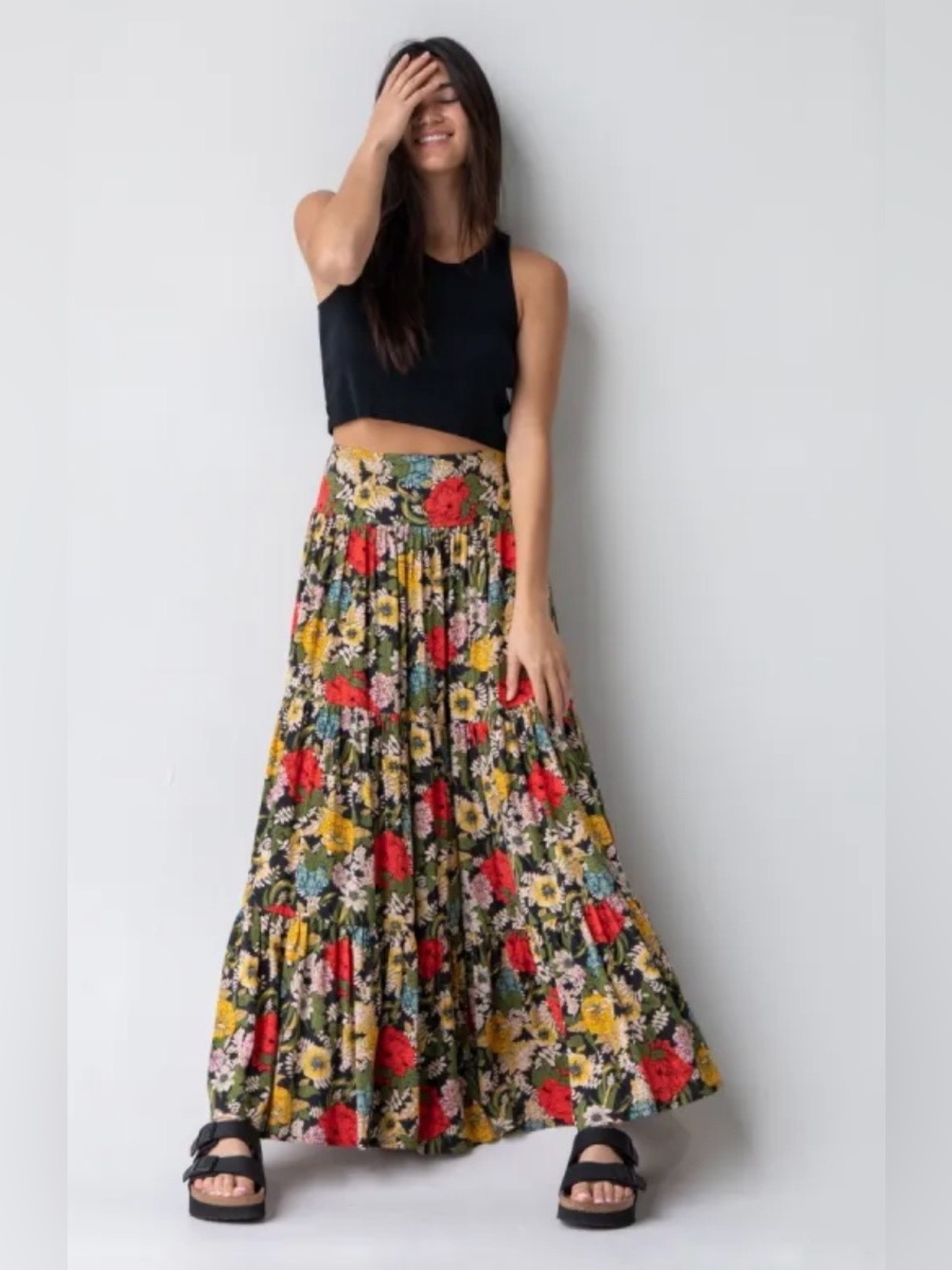 NATURAL LIFE Hannah Convertible Maxi Skirt, Black-Red Poppy, Size Medium
